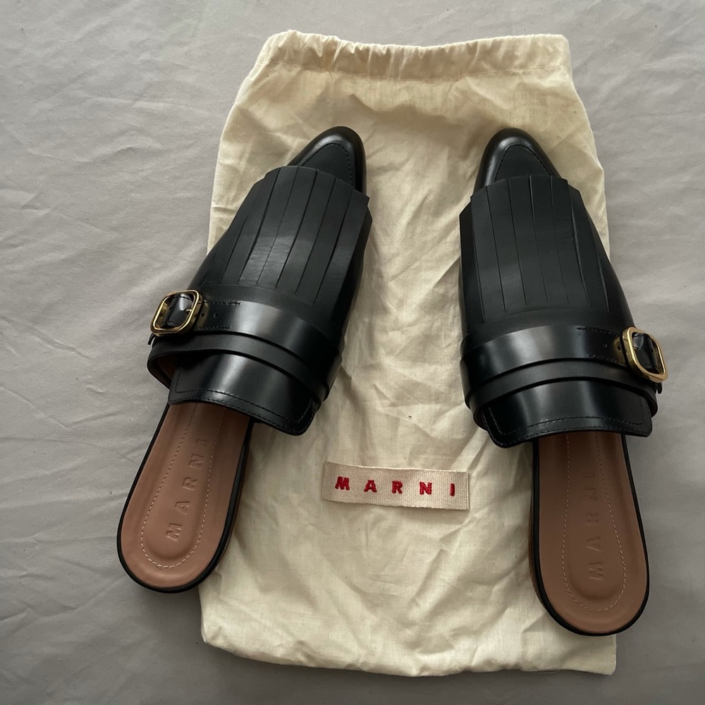 Marni Leather Kiltie Fringe Mules